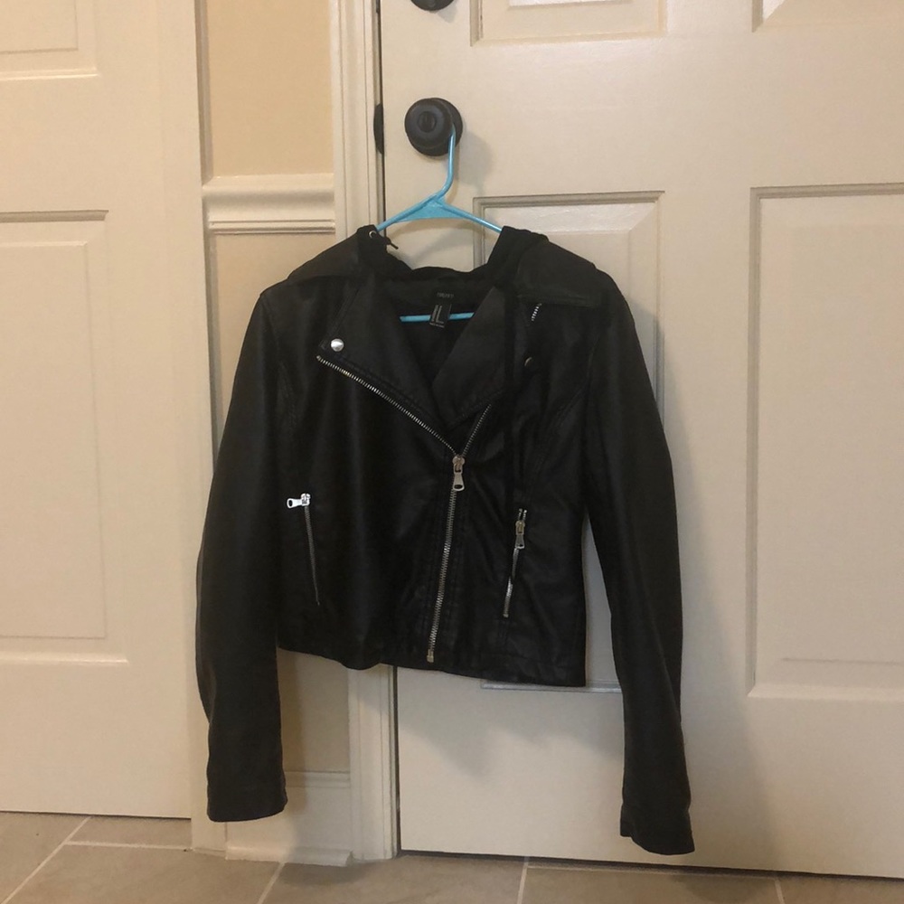 Medium, black, faux leather jacket